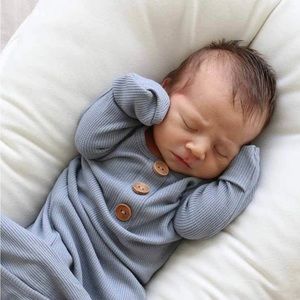 DUSTY DENIM WAFFLE BAMBOO NEWBORN BABY KNOT GOWN & HAT SET